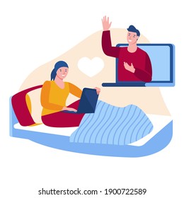 A girl with oncology in a bandana sits on the bed with a laptop. Communicates with a friend via video chat. Vector illustration in flat cartoon style.
