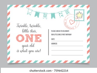 Girl One year birthday invitation card with text Twinkle twinkle little star