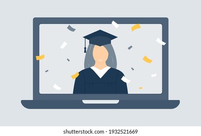 Girl at the online graduate ceremony. Online education graduation. Self-isolation. Vector illustration.