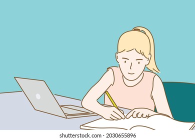 Girl online learning from home, COVID-19 virus prevention concept  flat illustration vector.