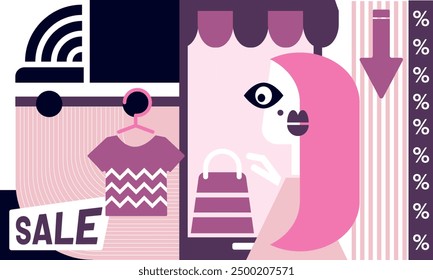 Girl is an online shopping abstract concept. Mobile phone with t-shirt and delivery truck. E-commerce sale sign. 