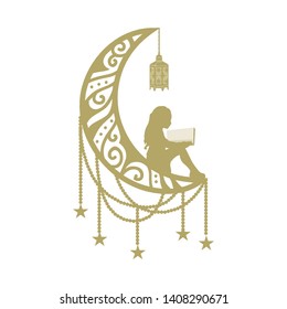 girl with open book, crescent moon, stars and lantern, vector