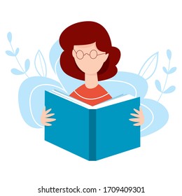 Girl with open book in her hands. Woman  reading a book. Online learning concept. Home education vector illustration. Internet education, training, e-learning concept.