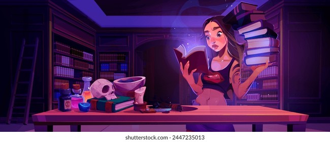 Girl open book in magic school library background. Fantasy interior with bookcase and wizard character reading and study spell. Mystic fairytale legend and woman enchanted with literature at night