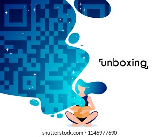 Girl open box in flat style. Cartoon character vector illustration. Concept of unboxing of parcel.