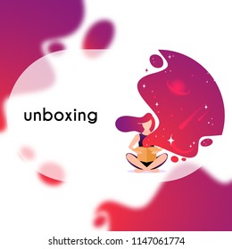 Girl open box in flat style. Cartoon character vector illustration. Concept of unboxing of parcel.