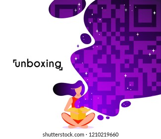 Girl open box in flat style. Cartoon character vector illustration. Concept of unboxing of parcel.