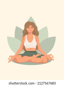 
girl with open eyes in the lotus position on a beige background