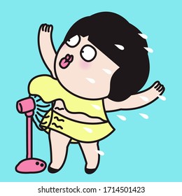 Girl Open Up Her Top And Enjoying Cool Air Wind From Electric Fan In Hot Summer Season Heat Wave Concept Card Character illustration