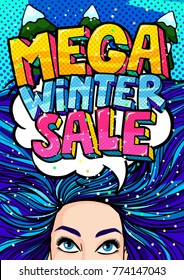 Girl with open mouth and Mega Winter Sale Message in pop art style. New Year background. Vecor illestration.