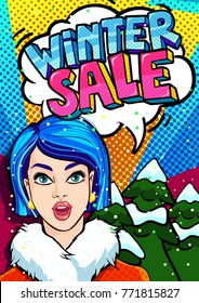 Girl with open mouth and Winter Sale Message in pop art style. New Year background. Vecor illestration.