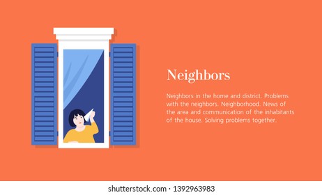 Girl in the open window. Neighbors. Facade of a residential building. Summer day. Vector flat illustration