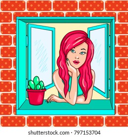 The girl in the open window. Pop art vector illustration. Brick house