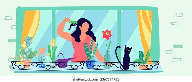 Girl in an open window. Self-care. Home flowers on the balcony. Hobby, cat. The concept of self-care, building a happy inner world and a prosperous lifestyle. Hand drawn. Not ai. Vector illustration