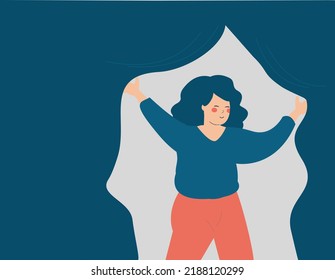 Girl opening a curtain to see the truth. Smiling woman opens a cover to see the light. Female gets rid of depression anxiety and stress. Mental health recovery, rehabilitation and wellbeing concept.