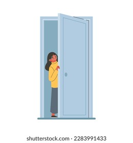 Girl opening door from inside, flat vector illustration isolated on white background. Child waiting or greeting someone on doorway. Kid standing stands at the entrance.