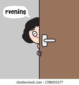 Girl Opening The Door With Smiling Face saying "evening", Concept Card Character illustration