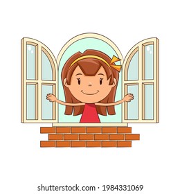 Girl opening window, happy cute child