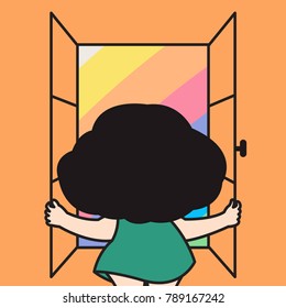 Girl Opening The Window And Seeing The Pastel Color Rainbow Outside Concept Card Charcater illustration