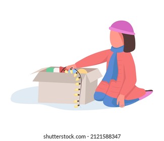 Girl opens christmas decorations semi flat color vector character. Sitting figure. Full body person on white. Winter activity simple cartoon style illustration for web graphic design and animation