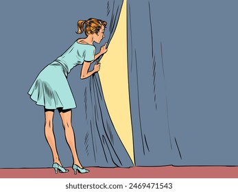 The girl opens the curtain and looks behind her. Monitoring customer growth. Stagecraft of theatrical art. Pop Art Retro Vector Illustration Kitsch Vintage 50s 60s Style