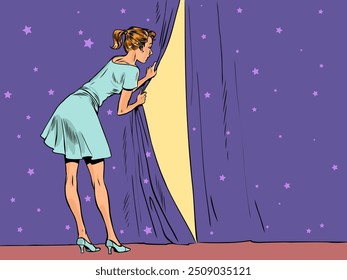 The girl opens the curtain and looks behind her. Monitoring customer growth. Stagecraft of theatrical art. Pop Art Retro Vector Illustration Kitsch Vintage 50s 60s Style