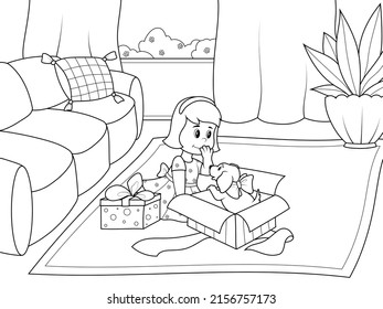 A girl opens a gift, a puppy in a gift box. Room interior. Vector, page for printable children coloring book.