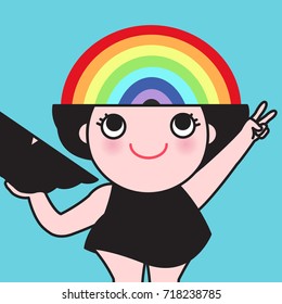 The girl opens her head to show her colorful rainbow shaped brain cartoon illustration 