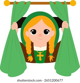 Girl Opens Medieval Green Curtains peeking, Happy St. Brigid’s Day