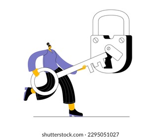 The girl opens a virtual lock. The concept of a vector illustration on the topic of security in your profile.