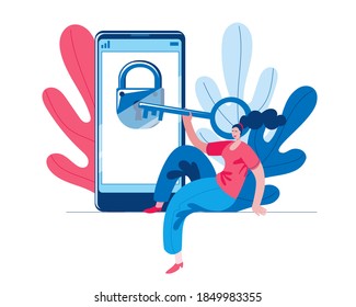 The girl opens the virtual lock on her phone. Concept of a vector illustration on the topic of virtual security and data protection.
