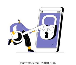 The girl opens a virtual lock on her smartphone. The concept of a vector illustration on the topic of security in your smartphone profile.