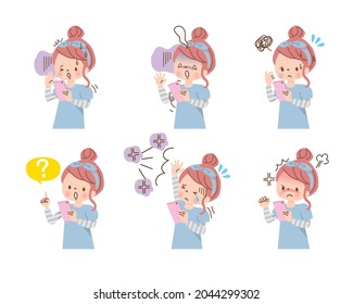 Girl operating smartphone negative expression set