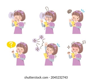 Girl operating smartphone negative expression set