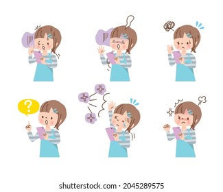 Girl operating smartphone negative expression set
