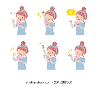 Girl operating smartphone positive expression set