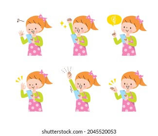 Girl operating smartphone positive expression set