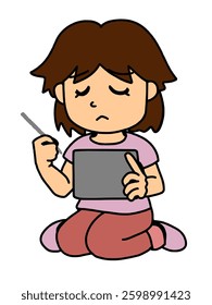A girl operating a tablet with a sad face