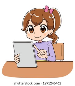 A girl is operating the tablet terminal.