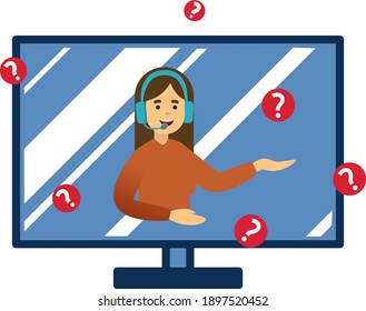 the girl operator answers questions. operator with headphones. large headphones with a microphone. girl operator on the background of the screen answers questions. the teacher communicates in a chat