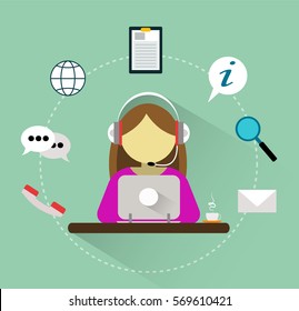 Girl operator of call center. Vector 24h customer support service icons concept. Flat style illustration