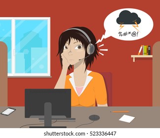 Girl operator listens to the complaint angry customer with a smile. Vector illustration