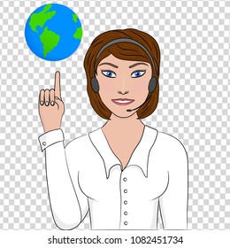Girl operator points to the globe.