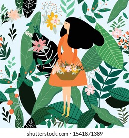 Girl in orange dress on Botanical leaves and pink Flower seamless pattern, illustration vector by free hand doodle floral art free hand drawn, for textile printed or wedding card background
