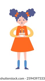 Girl in Orange Dress with Pigtails Holding Birthday Cake.