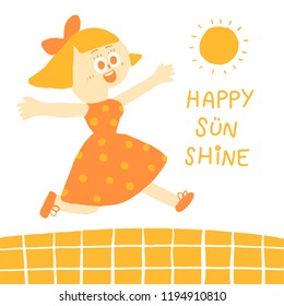 Girl in orange dress runs in a happy sunshine day