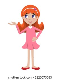 Girl with orange hair.
Fairytale girl pointing at something.  Red-haired girl.