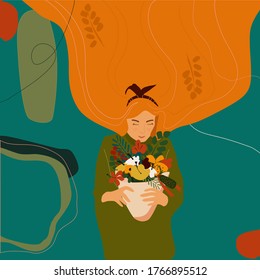 Girl with orange hair holds an autumn bouquet in hands.Crimson leaves, golden dahlias.Cute Autumn trendy hand drawn vector illustration.Woman in a warm knitted sweater.Goodbye summer. Web template