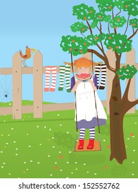 Girl with orange hair on a swing eating watermelon 
