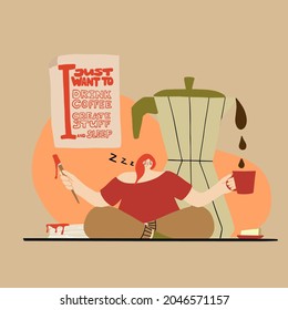 The girl with orange hair sits in the lotus position with brush and coffee cup and sleeps. Poster with hand drawn text about coffee. Concept illustration in nature colors